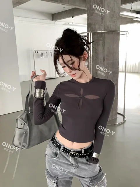 Y613-Áo thun tay dài lưới xuyên thấu hình thánh giá phong cách Mỹ quyến rũ