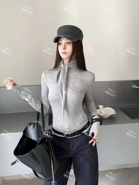 Y702- Áo dài tay dài ôm sát cổ cao cổ lửng dây ruy băng thu đông