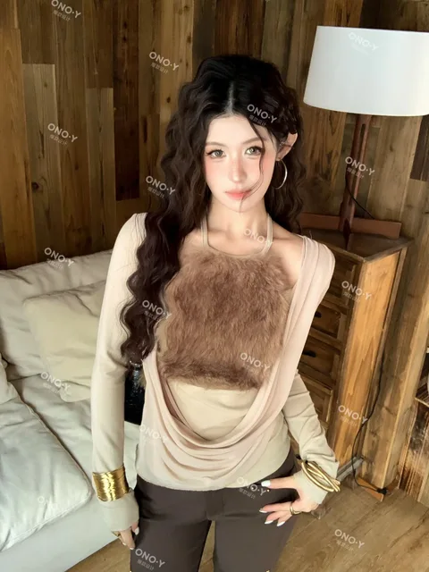 Y659-Fuzzy Halter Mesh Panel Top